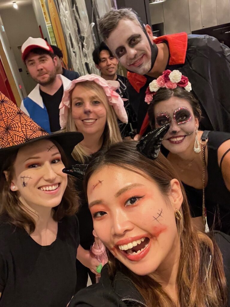 Smiling people masked for Halloween in Fukuoka, Japan